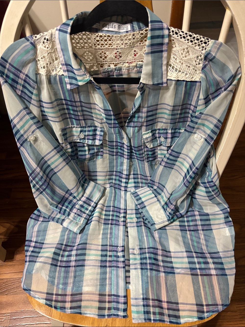Lightweight Plaid Button-Down Shirt with Lace Yoke - Blue/Green